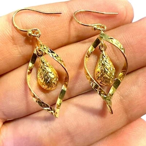 925 Silver Teardrop Earrings Italy 18K Gold Plated Diamond Cut Hook Dangle Women - Picture 1 of 7