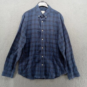 Club Monaco Shirt Mens Medium Blue Black Tartan Plaid 100% Linen Slim Fit - Picture 1 of 7