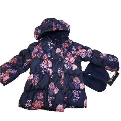 Nuevo Rothschild Niñas Azul Marino Floral Puffer Chaqueta Abrigo Capucha Mitones 18 Meses Foto 1 de 4