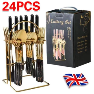 24PCS CUTLERY DINNER SET STAINLESS STEEL METAL TABLEWARE FORKS TEA SPOONS UK - Picture 1 of 12