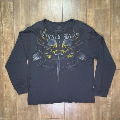 Винтажная готическая гранжевая тепловая рубашка с длинным рукавом 2XL Y2K с орлиными крыльями  - Изображение 1 из 4