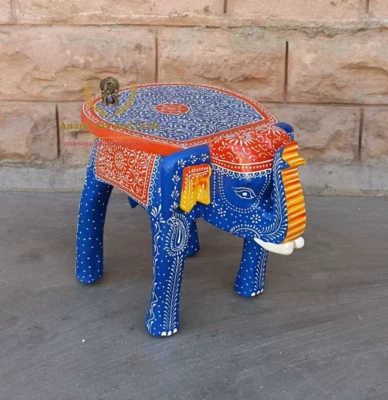 Wood Elephant Stool Hand Made Painted Blue Home Decor Indian Art - Image 1 of 4