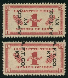 2x RH3 1933 1c CIGARETTE TUBE TOBACCO Revenue Stamp Axton Fisher Kentucky CV$5 - Picture 1 of 2