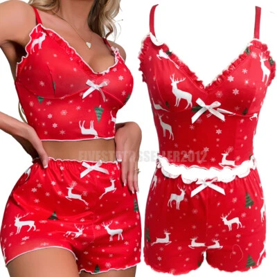 Conjunto de pijamas de Navidad para mujer ropa de dormir suave lencería seda cami pantalones cortos ropa de dormir Foto 1 de 4