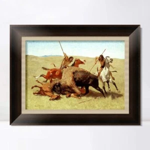 Impresión en giclee enmarcada La caza del búfalo por Frederic Remington arte de pared 24"x32" - Imagen 1 de 5