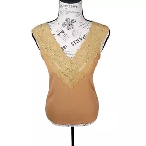 Willow Root M Damen geripptes Tanktop mit Spitze breite Träger & Besatz gelbbraun - Bild 1 von 13