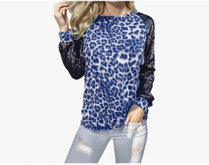 Women's Blue Leopard Print Blouse W/Black Sequin Sleeves. XL Cute!! - Picture 1 of 12