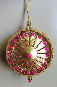 Vintage Mid-century Push Pins Sequin Beads Christmas Ornament Gold Pink