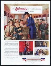 1944 Pennsylvania Railroad train woman taking tickets art WWII vintage print ad