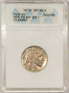 1935 BUFFALO NICKEL, DDR, FS-801 DIE 1 - ANACS VF-20 DETAILS, CLEANED! PQ! - Picture 1 of 3