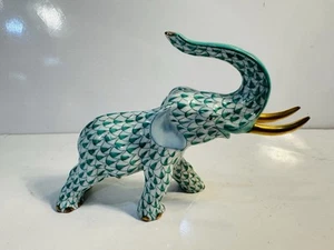 Herend Green Fishnet Charging Elephant Trunk Up Hand Painted Retail $340 Perfect - Picture 1 of 6