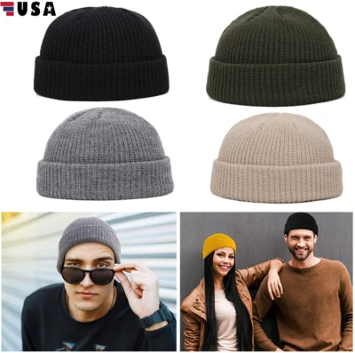 Para Hombres Mini Gorro Corto Pescador Gorro Invierno Acanalado Docker Cálido Tejido Calavera Gorra Foto 1 de 4