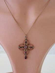 9ct gold amethyst seed pearl pendant on barrel clasp chain, Victorian 1890s