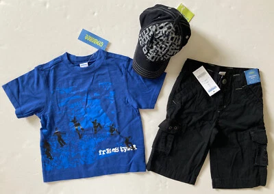 Camiseta e chapéu cargo preta nova com etiquetas Gymboree Skate Park 3T Freestyler azul royal - Imagem 1 de 4