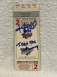 RARE Kent Hrbek 1991 World Series Gm 2 T-Rex Tag AUTO'D Ticket, Minnesota Twins! - Picture 1 of 5