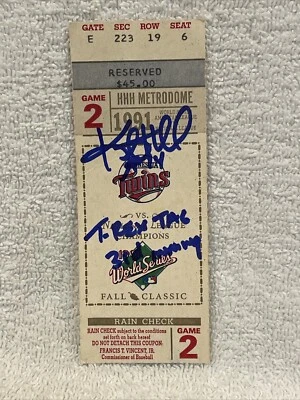 RARE Kent Hrbek 1991 World Series Gm 2 T-Rex Tag AUTO'D Ticket, Minnesota Twins! Foto 1 de 4