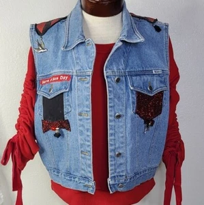 Denim Vest Size Large Eclectic Upcycled One of a Kind Piece Handmade Embellished - Picture 1 of 5