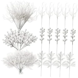 75 Pcs Christmas Glitter Branches 3 Styles Artificial Christmas Picks White - Picture 1 of 8