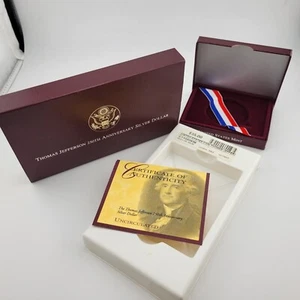 1993 Thomas Jefferson 250th Anniv Silver Dollar Empty Red Presentation Box COA - Picture 1 of 11