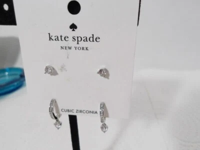 Earrings BY: Kate Spade Tiny Twinkles Huggies/Clear/Sil Studs Set  ~ New On Card - Image 1 of 4