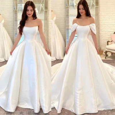 White Ivory Satin Wedding Dresses Detachable Shoulder Sweep Train Bridal Gowns - Image 1 of 4