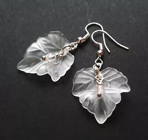 White Leaf Lucite and Crystal Drop Dangle Earrings - Picture 1 of 1