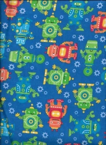 New AE Nathan Robots with Gears on Blue Comfy Flannel Fabric by the Yard - Picture 1 of 3