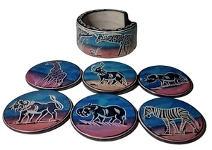 Juego de seis posavasos africanos Twilight Safari tallados a mano con soporte - Imagen 1 de 9