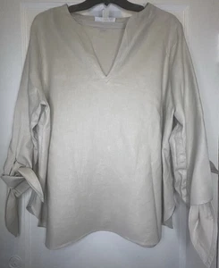 Michael Kors Gr. 2X beige hellbraun 3/4 Bindeärmel V-Ausschnitt Damen Leinen Tunika Top - Bild 1 von 9