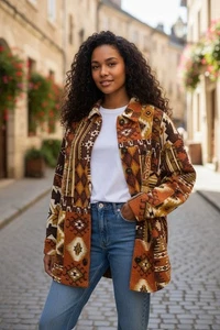 Zenana Shacket donna S, bottoni davanti, multicolore azteco, morbido, tasche. NS-1 - Foto 1 di 12