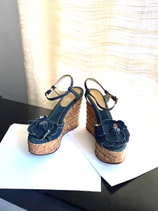 Chanel blue denim cork wedges heels 36.5-6 platforms Camellia blue clogs mules - Picture 1 of 8