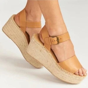 Soludos Sandals Womens 8.5 Minorca Tan Leather Espadrille Platform Wedge Ankle - Imagen 1 de 12