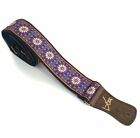 Handmade Floral Psychedelic Hemp Guitar Strap with Brass Details Vegan Leather