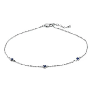 Bezel-Set Lab-Created Blue Sapphire Three Stone Station Anklet Sterling Silver - Picture 1 of 4