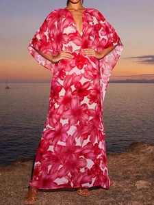 SWIMSHY PINK WHITE BEACH FLOWER PRINT LONG ROBE KIMONO CAFTAN SWIMSUIT COVER UP - Picture 1 of 2