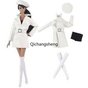 White Leather Parka 1/6 Doll Clothes Set Long Jacket Coat Tops Hat Boots 11.5"