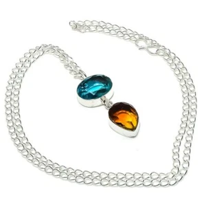 Citrine, Blue Topaz Gemstone Handmade 925 Sterling Silver Jewelry Necklace 18"