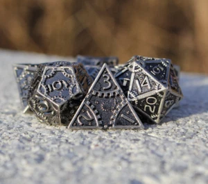 Dragon's Steampunk Silver - 7 Piece Metal Polyhedral Tabletop RPG DND Dice Set - Picture 1 of 9