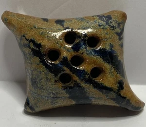Flower Frog Weed Pot Drip Glaze Stone Pillow Pottery Stoneware Black Tan 6 Hole - Picture 1 of 6