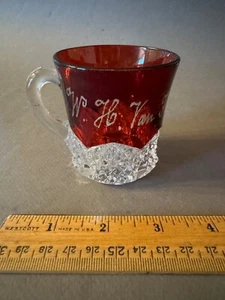 EAPG RUBY STAINED W.H. VAN FLEET ETCHED ANTIQUE HANDLED TEACUP MUG - Picture 1 of 6