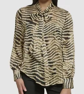 Dkny Women's Beige Long Sleeve Animal-Print Tie-Neck Blouse Size M - Picture 1 of 3