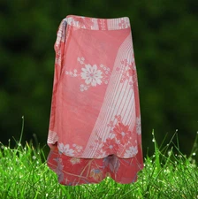 Womens Wrap Skirt, Recycled Sari Skirt, Floral Pink Printed, Silk Knee One size