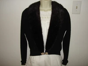 Vtg DALTON 100% Virgin Cashmere Black Sweater Mink Fur Collar Double Lining Med - Picture 1 of 7