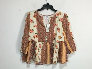 Blue Rain Bell Sleeve 3/4 Sleeve Floral Top - Women's Size Small- Cream/Brown - Picture 1 of 8