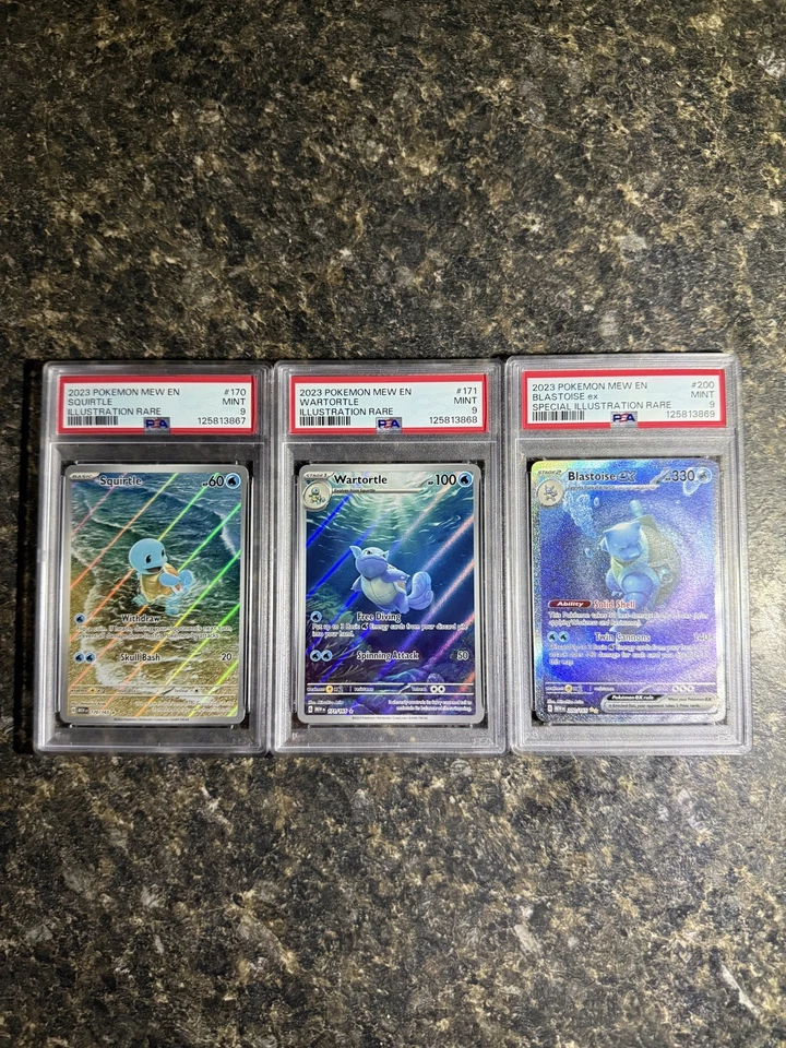 BLASTOISE EX 200 SQUIRTLE 170 WARTORTLE 171 POKEMON MEW 151 SEQUENTIAL PSA 9 SET - Image 1 of 4
