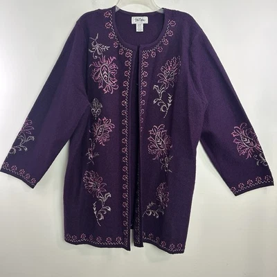 Cárdigan Bob Mackie Lana Púrpura Bordado Floral Frente Abierto Mujer 2X Foto 1 de 4
