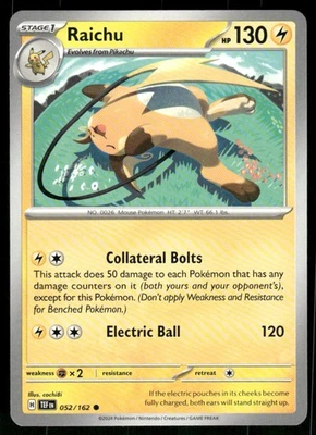 Raichu 052/162 Common Normal NM Pokemon SV05: Temporal Forces - Image 1 of 2