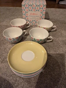 Cath Kidston Provence Rose Tea Cup Saucer Set of 4 (Pink Yellow Blue Green) VGC - Picture 1 of 2