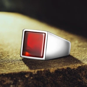Men's Sterling Silver Red Agate Signet Ring – Square Gemstone Fashion Jewelry - Picture 1 of 5