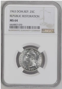 DOMINICAN REPUBLIC 25 Centavos 1963, NGC MS 64 Ch / Gem UNC, Lustrous. 070. A2 - Picture 1 of 2